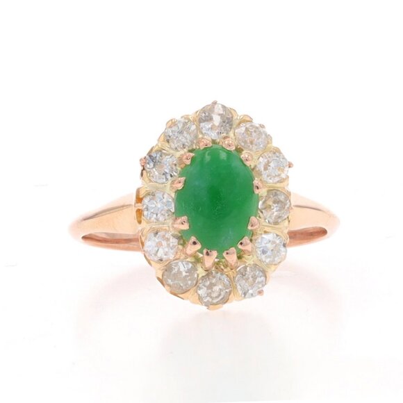Rose Gold Jadeite & Diamond Art Deco Halo Ring 14k Cab1.80ctw Vintage Knife-Edge